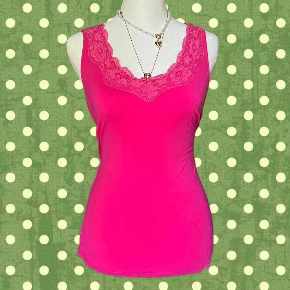 y2k Soft Hot Pink Tank Top with Lace Neckline